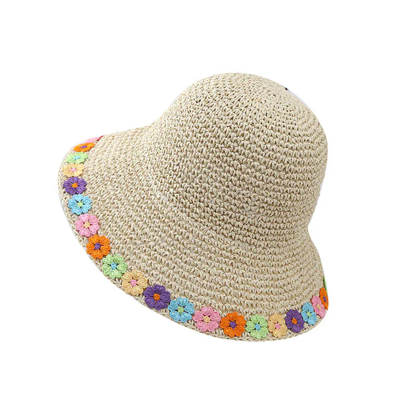 Children’s Beige Colorful Flower Beach Sunscreen Straw Hat