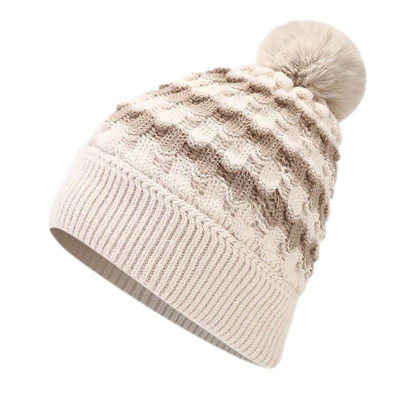 Children’s Beige Striped Beanies with Hairball