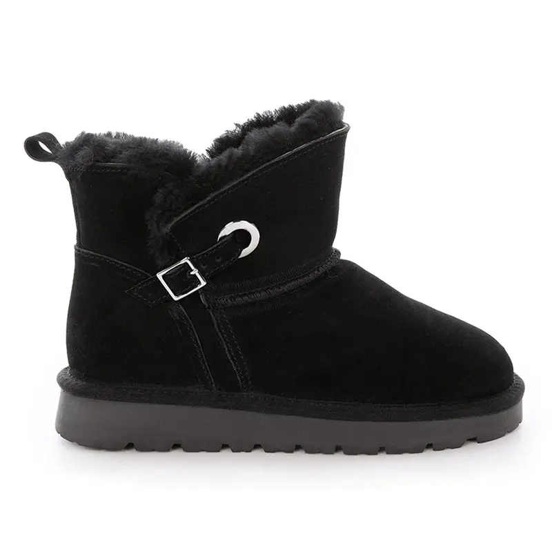 Children’s Black Cow Suede Buckle Wool Snow Boots