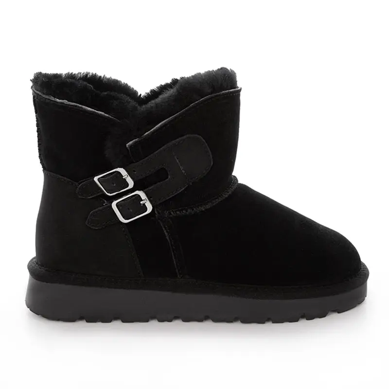 Children’s Black Cow Suede Double Buckle Wool Snow Boots