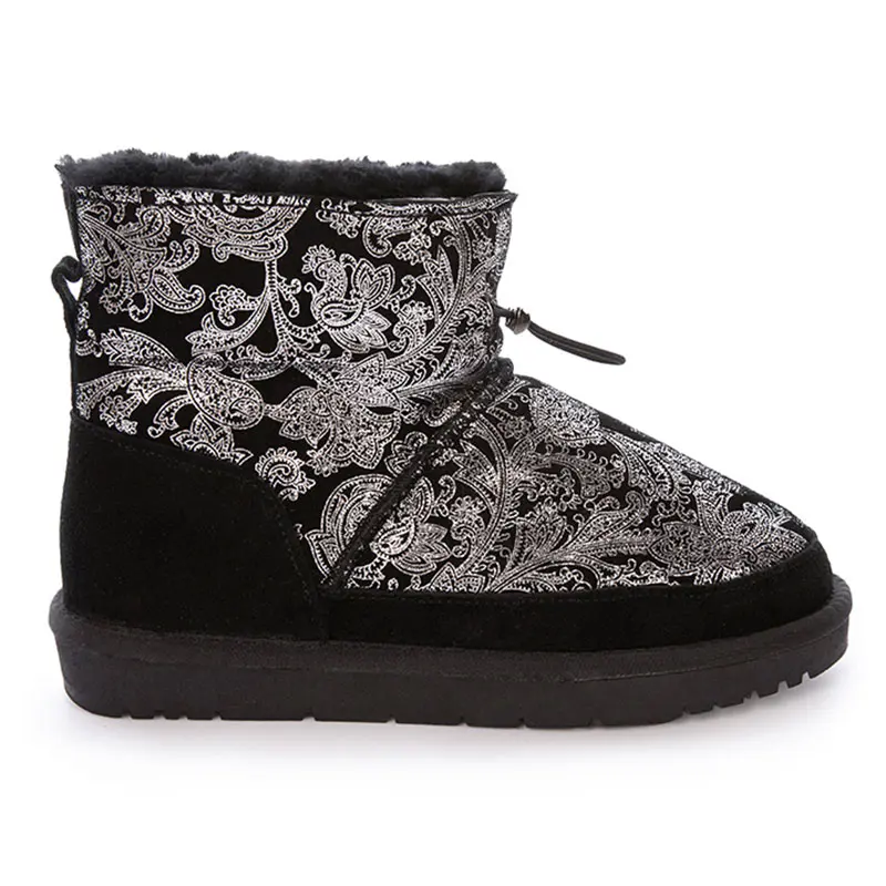 Children’s Black Cow Suede Floral Print Wool Snow Boots