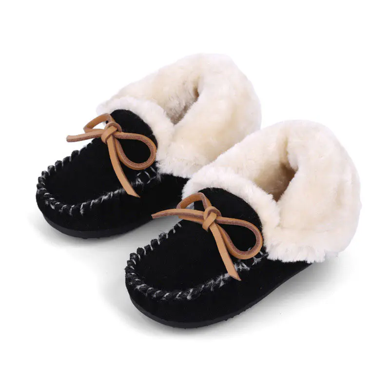 Children’s Black Cow Suede+Leather Bow Wool Loafers