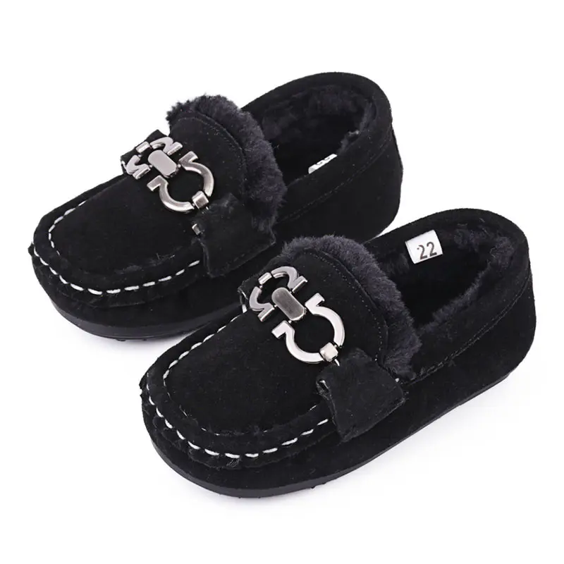 Children’s Black Cow Suede+Metal Buckle Wool Loafers