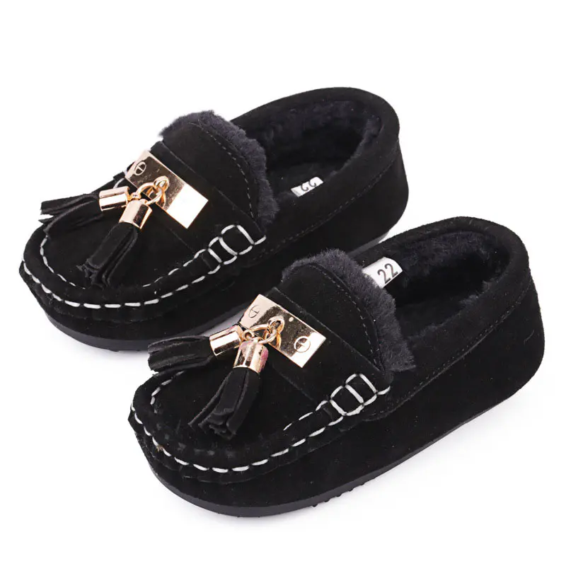 Children’s Black Cow Suede+Tassel Wool Loafers