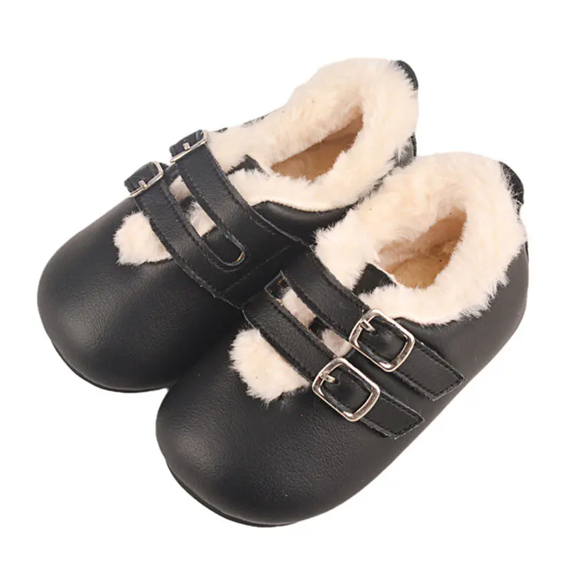 Children’s Black Cowhide+Double Strap Wool Loafers