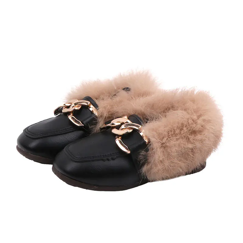 Children’s Black Cowhide Rabbit Fur Loafers