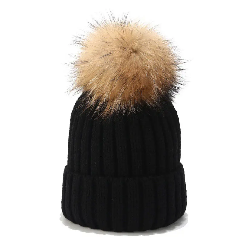 Children’s Black Rolled Beanies with Mink Fur Ball
