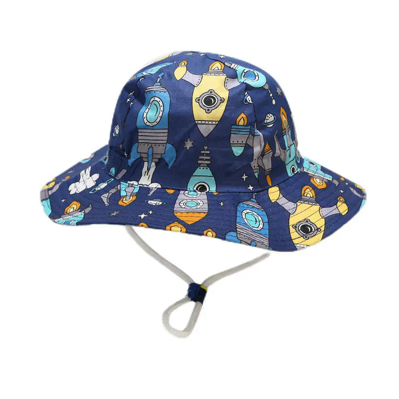 Children’s Blue Rocket Printed Cotton Shade Bowler Hat with Drawstring