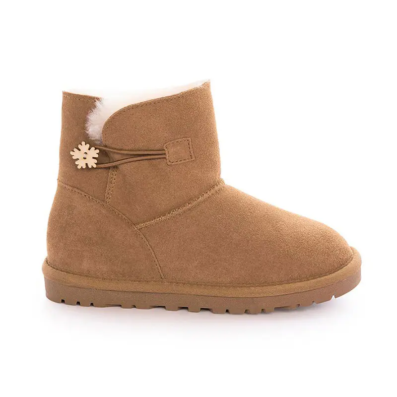 Children’s Chestnut Cow Suede Wool Snow Boots with Snowflake Wooden Button