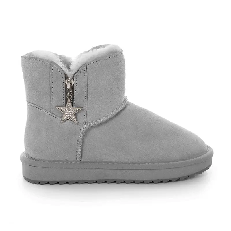 Children’s Grey Cow Suede Silver Star Wool Snow Boots