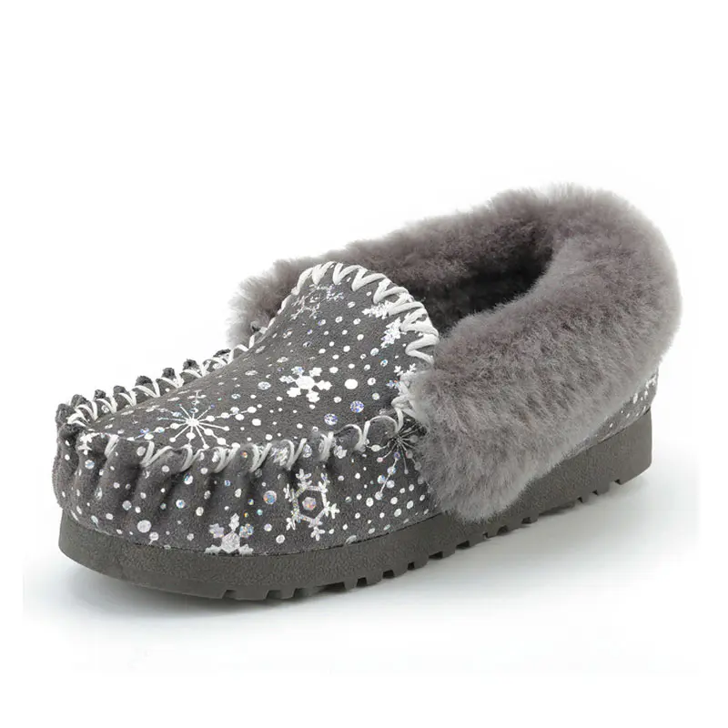 Children’s Grey Snowflake Printed Cow Suede Wool Loafers