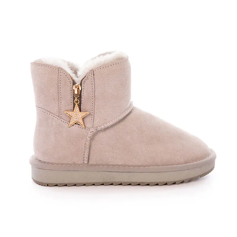 Children’s Pink Cow Suede Golden Star Wool Snow Boots