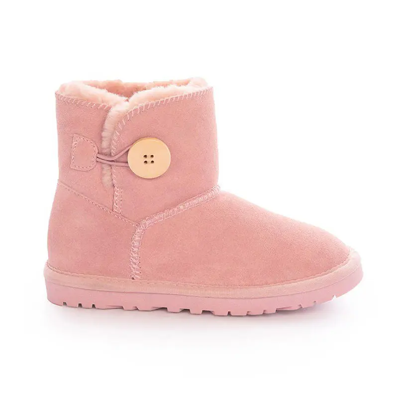 Children’s Pink Cow Suede Wool Snow Boots with Wooden Button