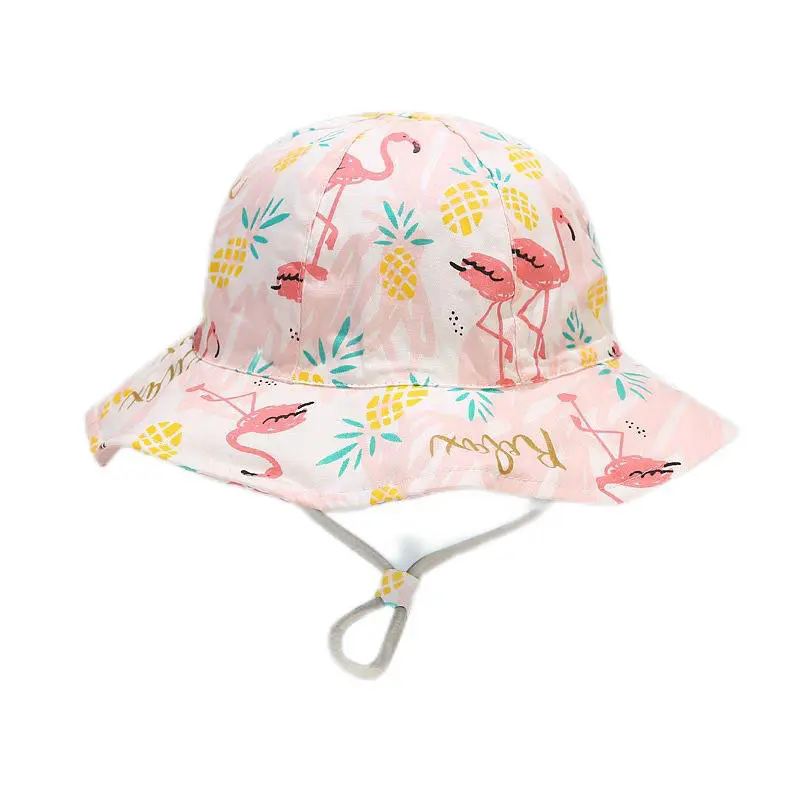 Children’s Pink Flamingo Printed Cotton Shade Dome Hat with Drawstring