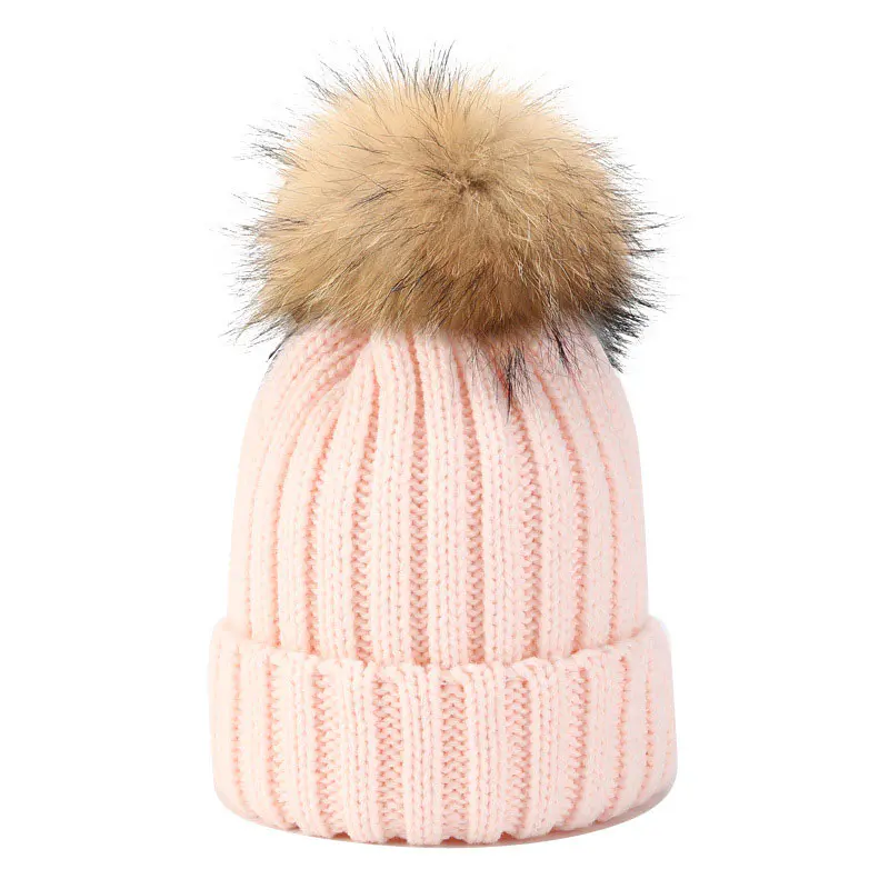 Children’s Pink Rolled Beanies with Mink Fur Ball