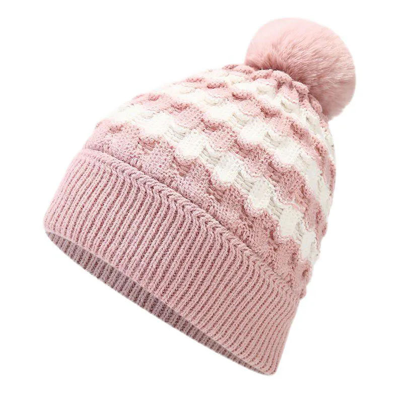 Children’s Pink Striped Beanies with Hairball
