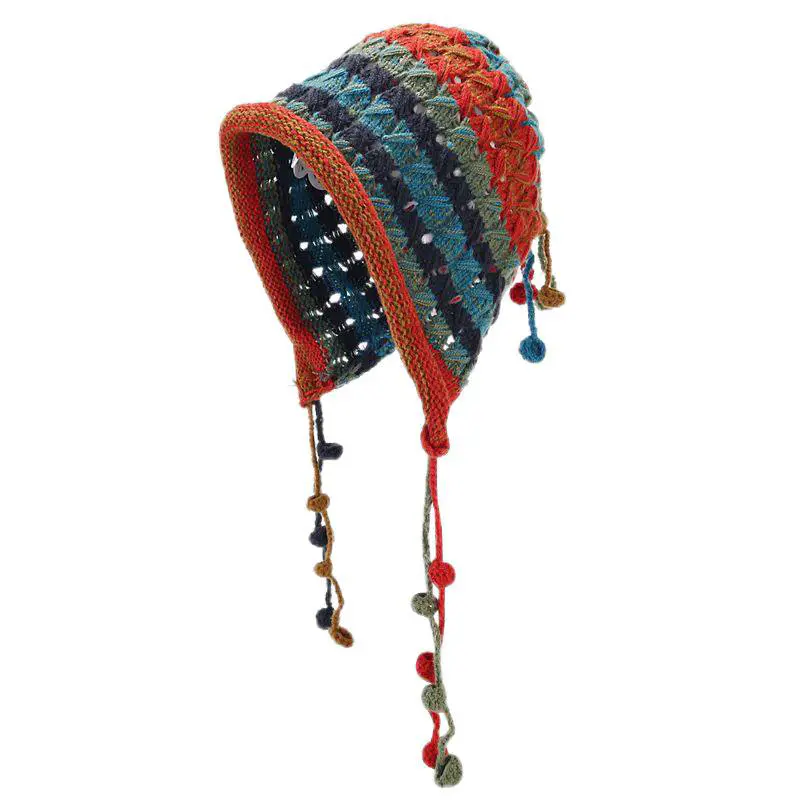 Children’s Red Handmade Crochet Ear Protection Knit Hat with Tassel Balls