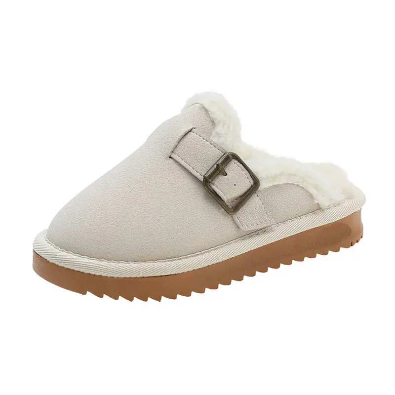 Children’s White Cow Suede Buckle Wool Slippers