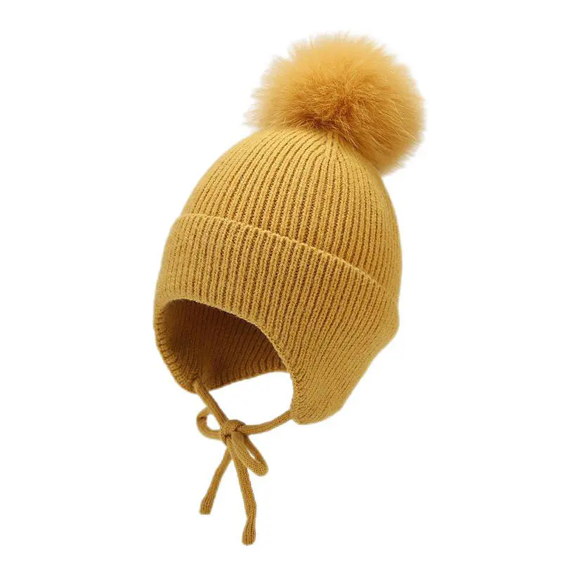 Children’s Yellow Ear Protection Beanies with Fox Fur Balls