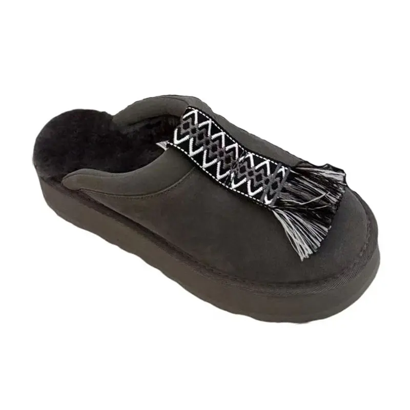 Ethnic Style Tassel Design Cow Suede Wool Thick Sole Slippers