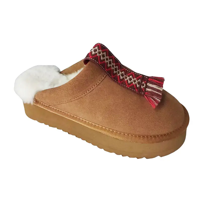 Ethnic Style Tassel Design Cow Suede Wool Thick Sole Slippers