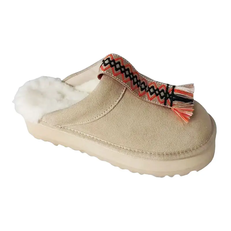 Ethnic Style Tassel Design Cow Suede Wool Thick Sole Slippers