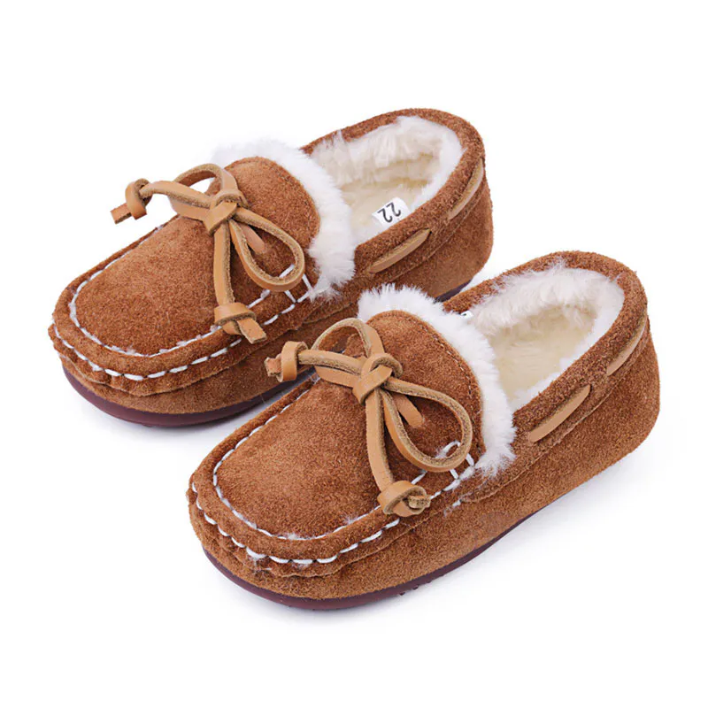 Kids Chestnut Cow Suede+Leather Bow Wool Loafers