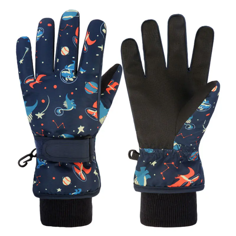 Children’s Winter Navy Dinosaur Waterproof Anti-slip Touchscreen Ski Gloves