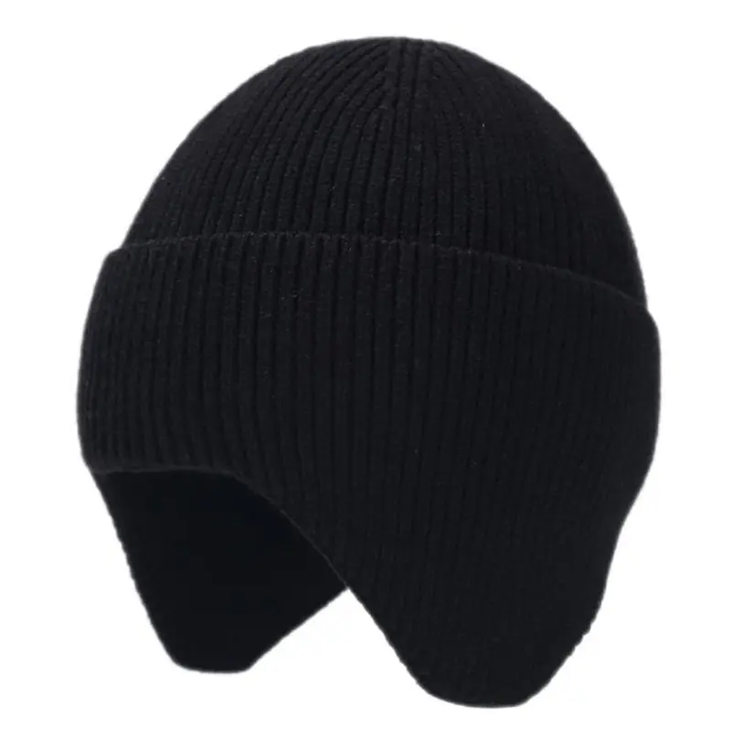 Men’s Black Cashmere Ear Protection Rolled Beanies