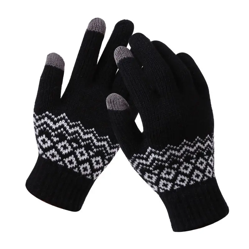 Men’s Black Geometric Printed Warm Wool Cold Weather Gloves