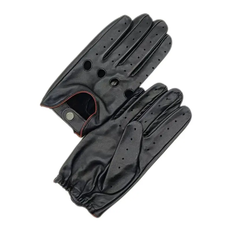 Men’s Black Unlined Driving Leather Gloves with Brown Wrap