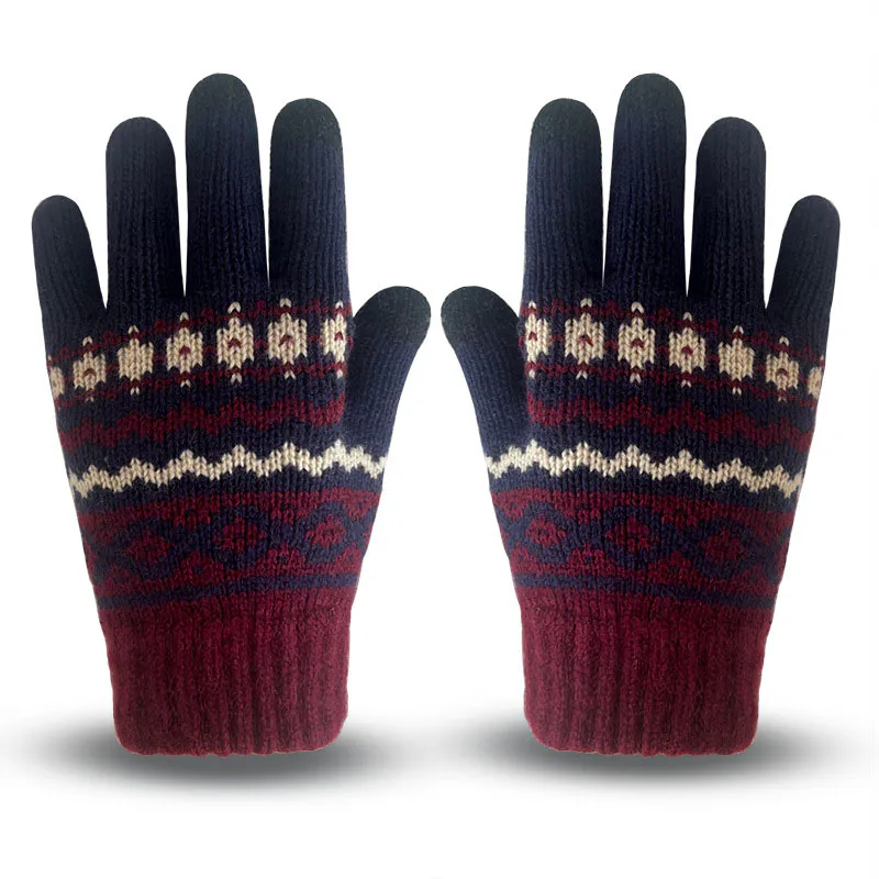 Men’s Burgundy Geometric Printed Warm Wool Cold Weather Gloves