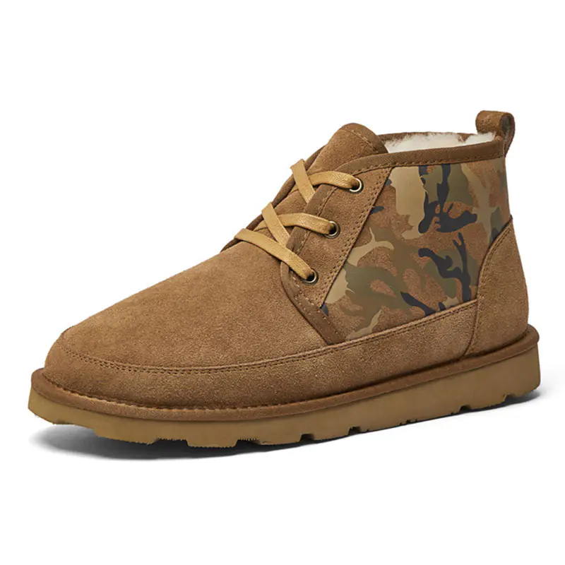 Men’s Camouflage Cowhide Lace-Up Wool Snow Boots