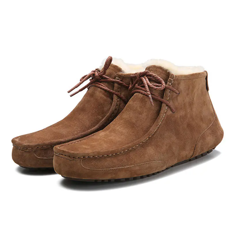 Men’s Coffee Cowhide Lace Up Wool Snow Boots