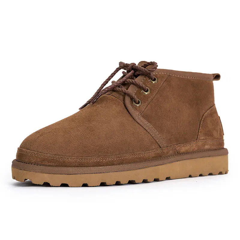 Men’s Coffee Cowhide Lace Up Wool Snow Boots