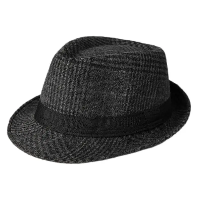 Men’s Dark Gray Checked British Style Woolen Jazz Hat