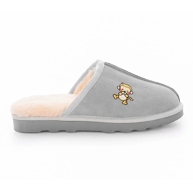 Men’s Grey+Black Cow Suede Monkey Print Wool Covered Toe Slippers