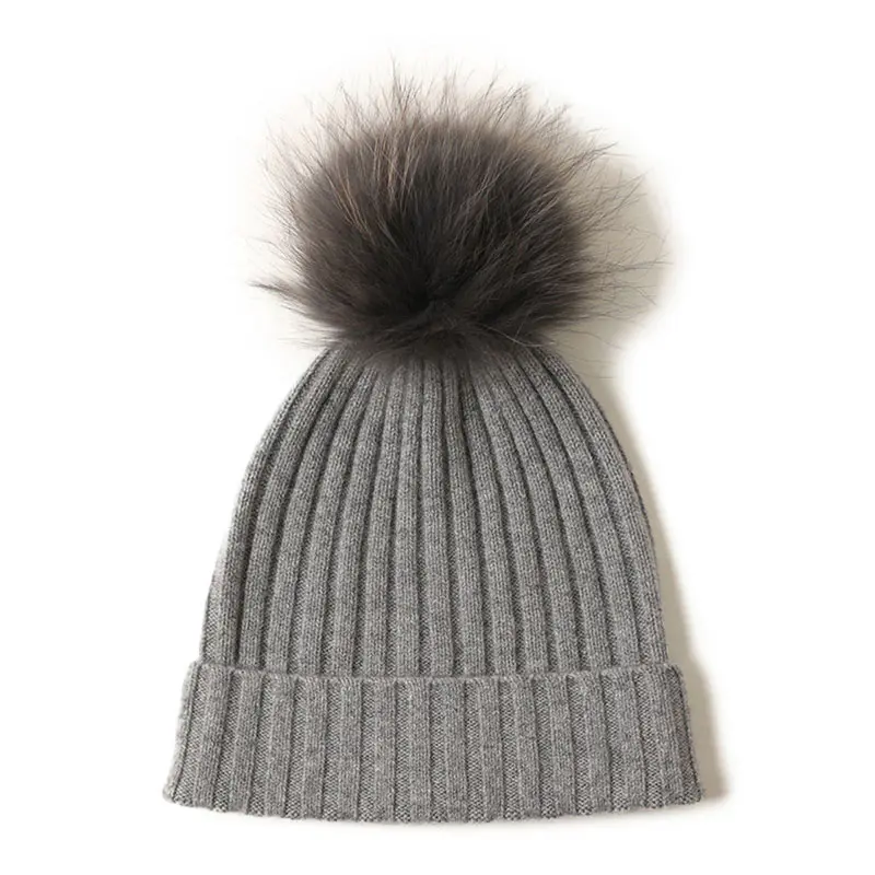 Men’s Grey Cashmere Rolled Beanies with Mink Fur Ball