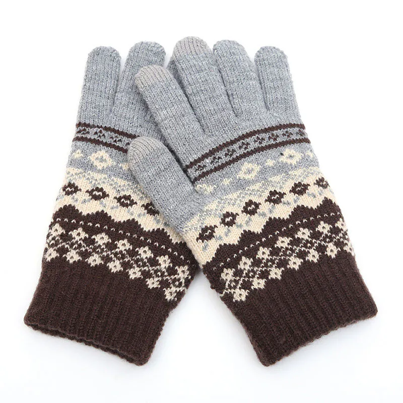 Men’s Grey+Coffee Geometric Printed Warm Wool Cold Weather Gloves