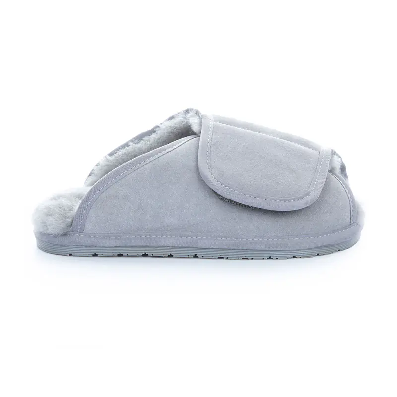 Men’s Grey Cow Suede Adjustable Wool Slippers
