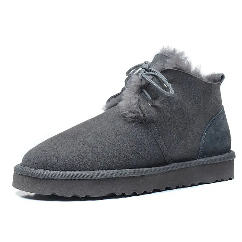Men’s Grey Cowhide Lace Up Wool Snow Boots