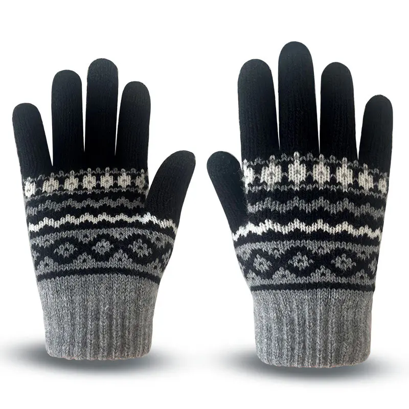 Men’s Grey Geometric Printed Warm Wool Cold Weather Gloves