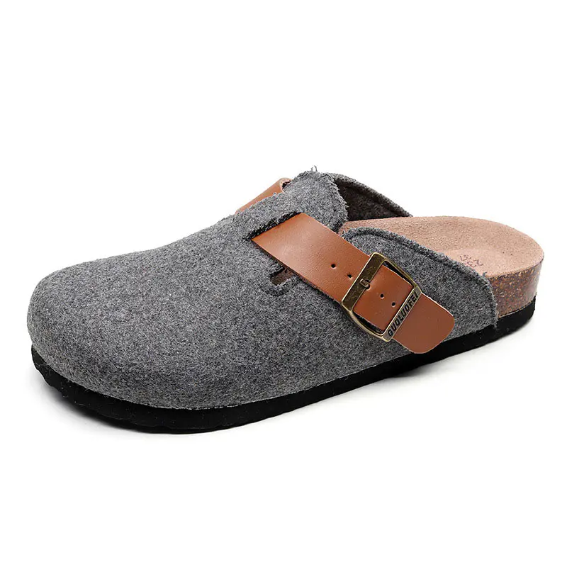Men’s Grey Wool Felt Brown Belt Cork Slippers