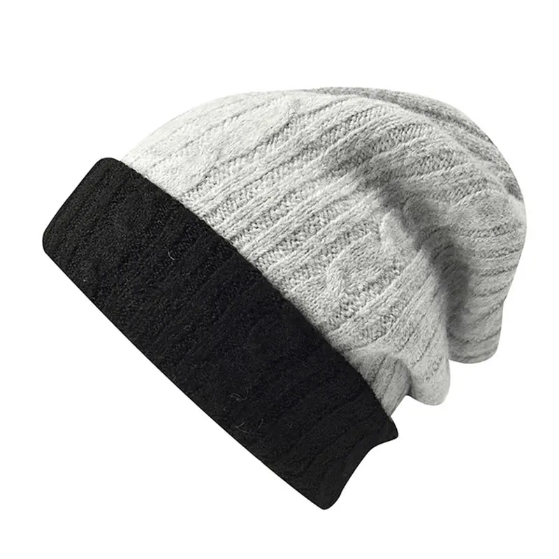 Men’s Light Grey+Black Jacquard Cashmere Rolled Beanies