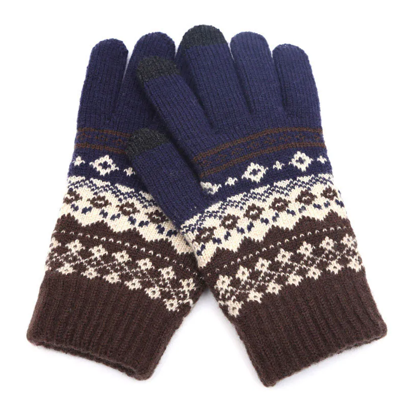 Men’s Navy+Coffee Geometric Printed Warm Wool Cold Weather Gloves