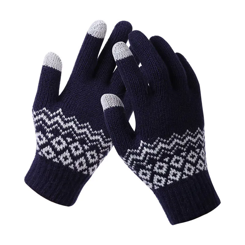 Men’s Navy Geometric Printed Warm Wool Cold Weather Gloves