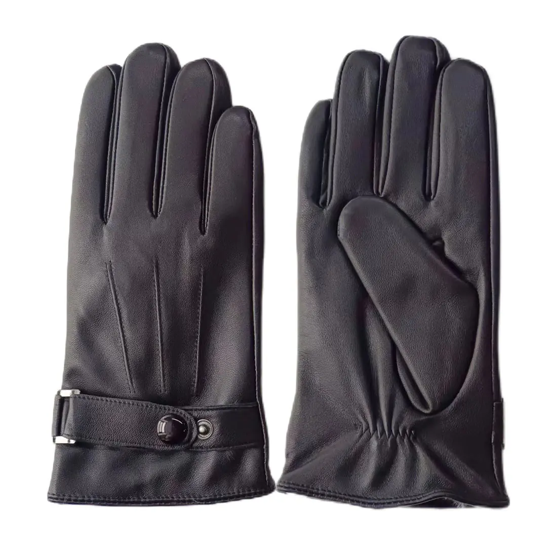 Men’s Winter Black Touchscreen Leather Gloves with Buckles
