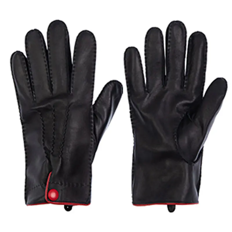 Men’s Winter Black Touchscreen Leather Gloves with Red Wrap