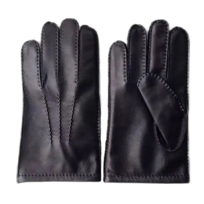 Men’s Winter Black Touchscreen Leather Gloves with Water Ripple