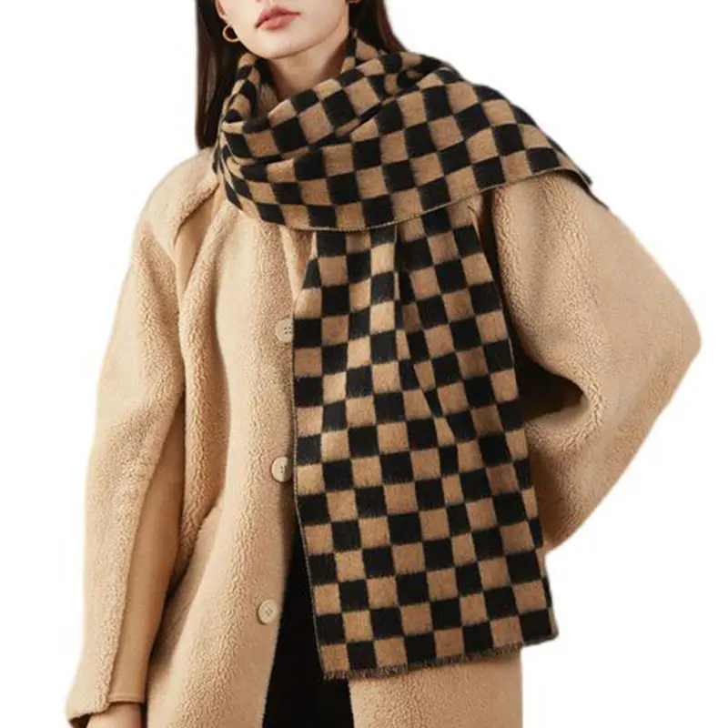 Women’s Autumn/Winter Black and Yellow Checkered Cashmere Scarf